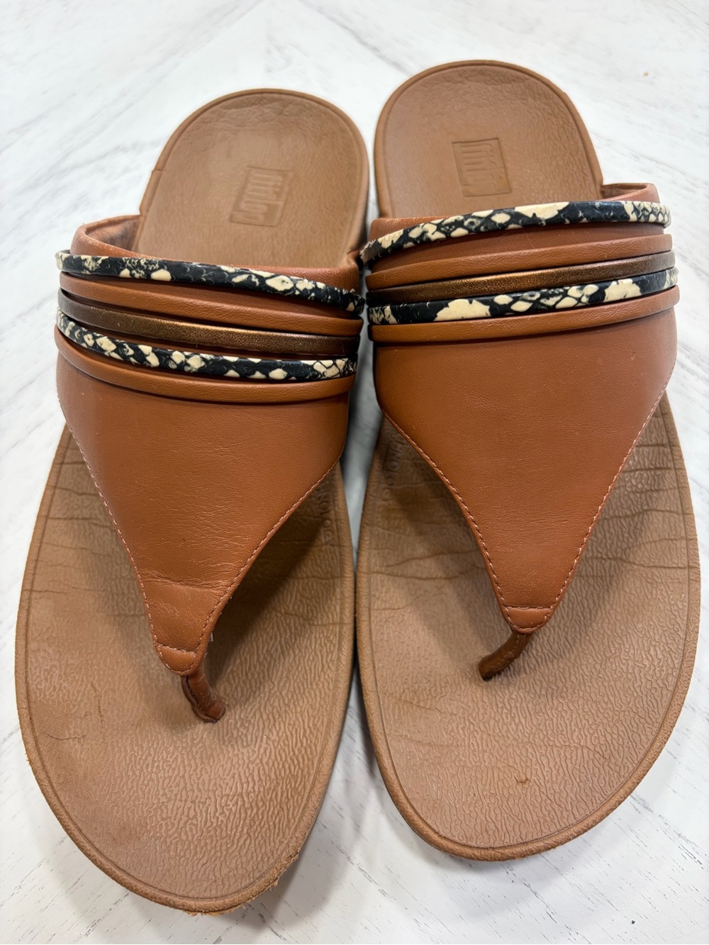 FitFlop Women's Brown Thong Sandals with Snakeskin Trim